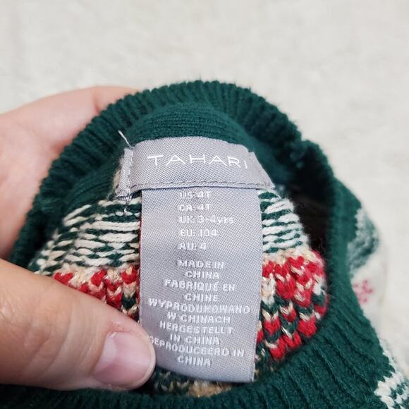 Tahari Green Cream Metallic Christmas Nordic Winter Knit Ruffle Sweater Girl 4T - Picture 4 of 5